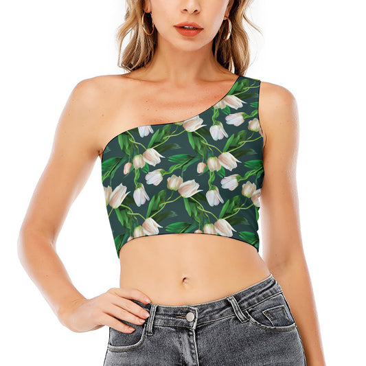 White Tulip Pattern Print One Shoulder Crop Top