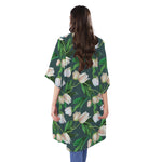White Tulip Pattern Print Open Front Beach Cover Up