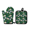 White Tulip Pattern Print Oven Mitt And Pot Holder Set