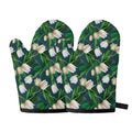 White Tulip Pattern Print Oven Mitts
