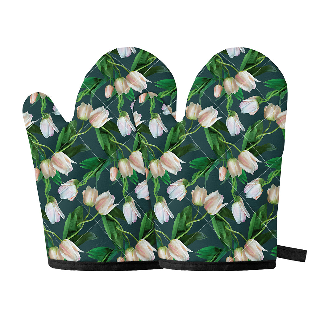 White Tulip Pattern Print Oven Mitts