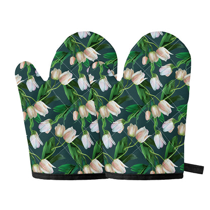 White Tulip Pattern Print Oven Mitts