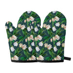 White Tulip Pattern Print Oven Mitts