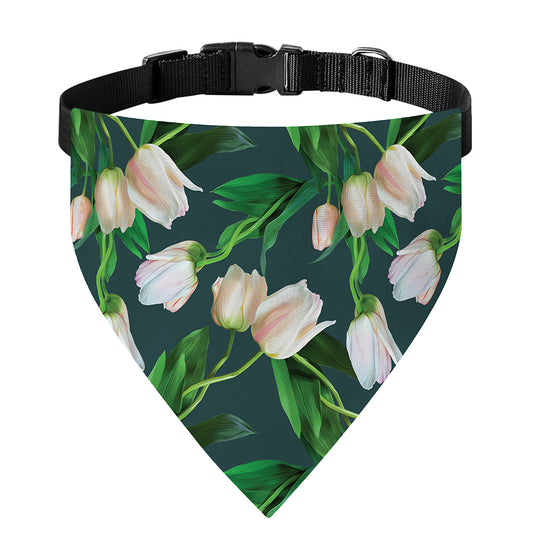 White Tulip Pattern Print Over The Collar Dog Bandana