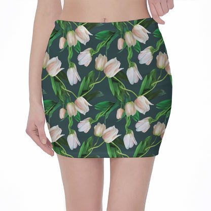 White Tulip Pattern Print Pencil Mini Skirt