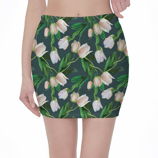White Tulip Pattern Print Pencil Mini Skirt
