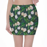 White Tulip Pattern Print Pencil Mini Skirt
