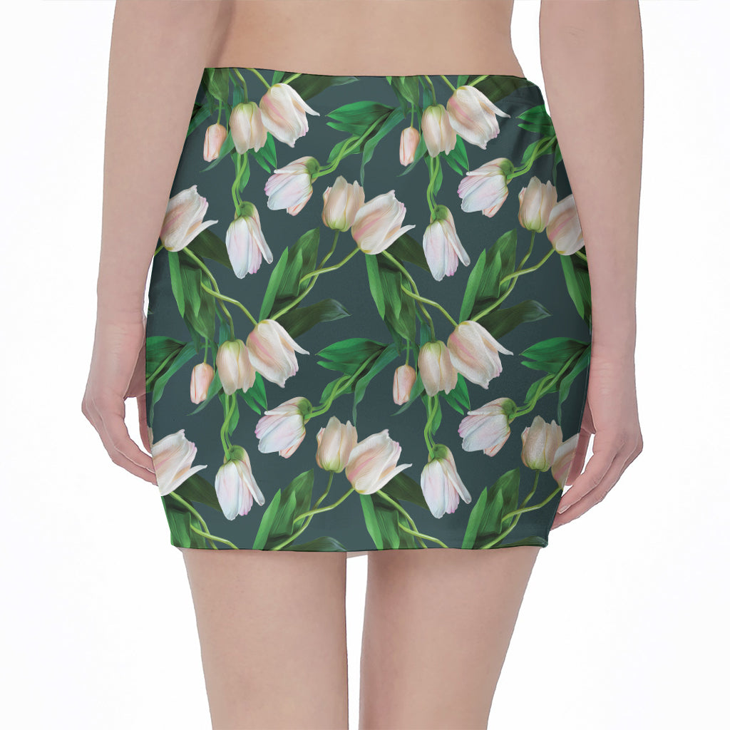 White Tulip Pattern Print Pencil Mini Skirt