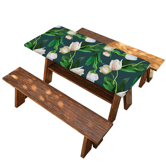 White Tulip Pattern Print Picnic Table Cover