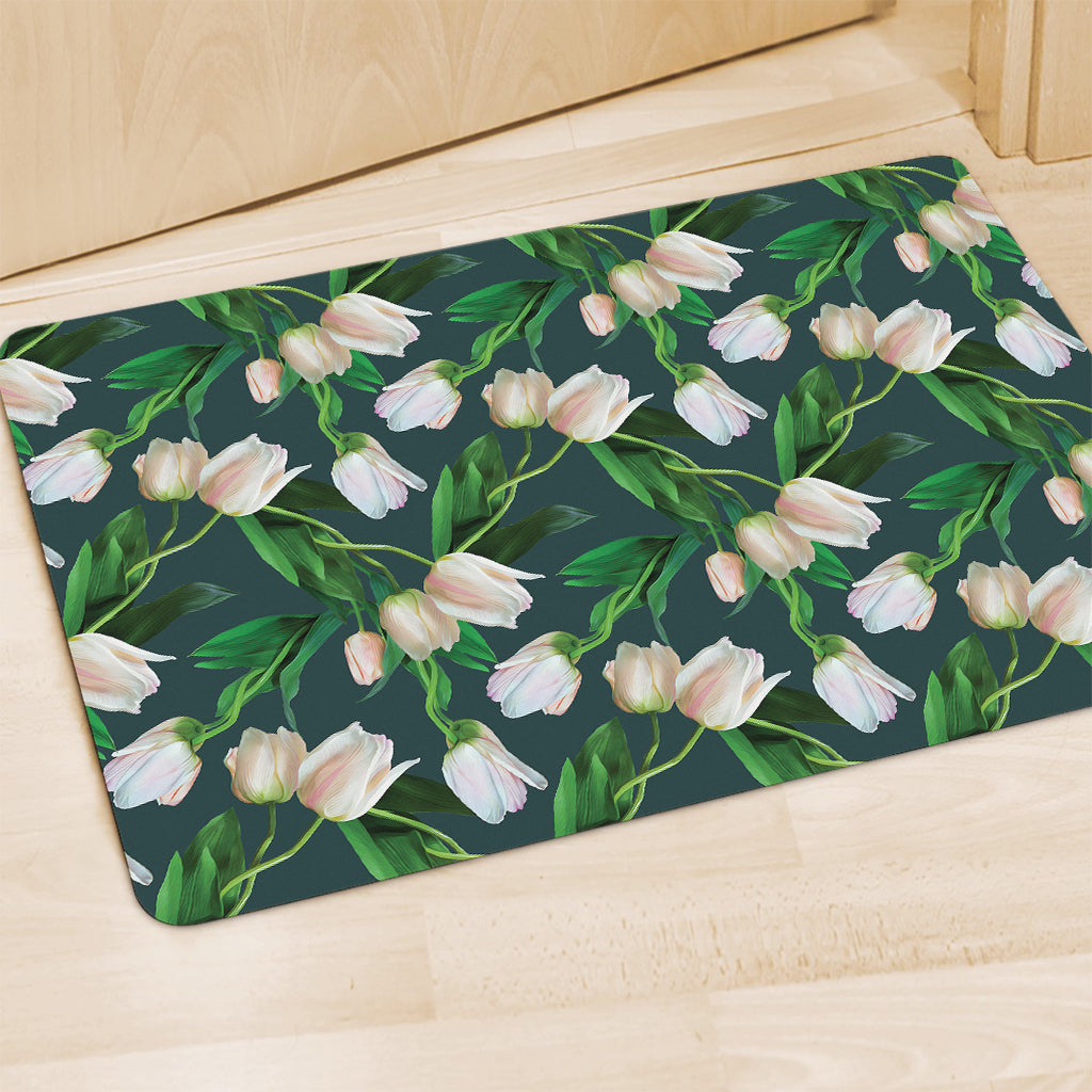 White Tulip Pattern Print Polyester Doormat