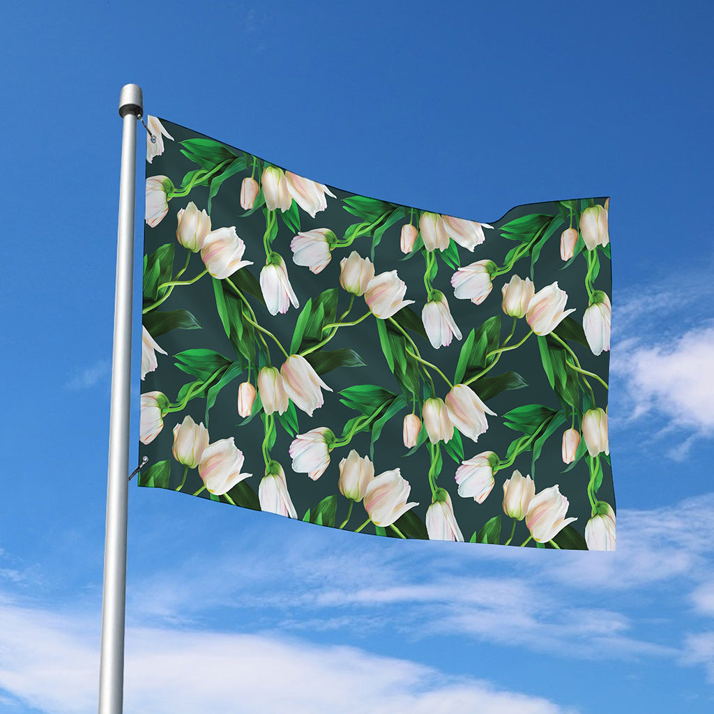 White Tulip Pattern Print Polyester Flag