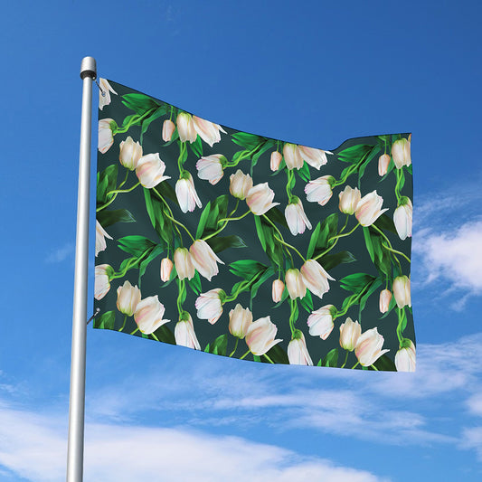 White Tulip Pattern Print Polyester Flag