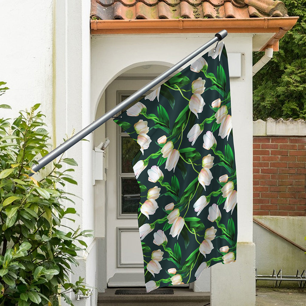 White Tulip Pattern Print Polyester Flag