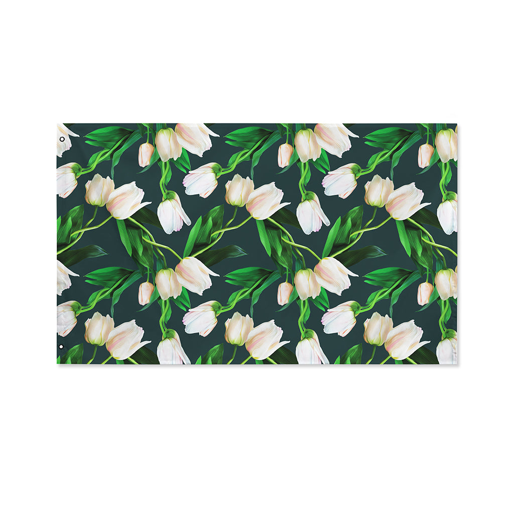 White Tulip Pattern Print Polyester Flag