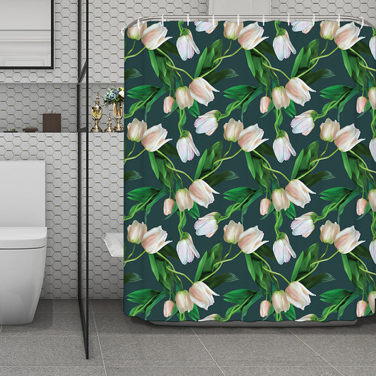 White Tulip Pattern Print Polyester Shower Curtain