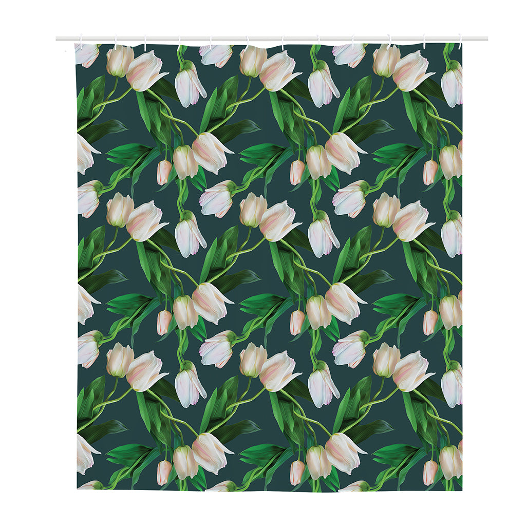 White Tulip Pattern Print Polyester Shower Curtain
