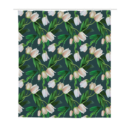 White Tulip Pattern Print Polyester Shower Curtain