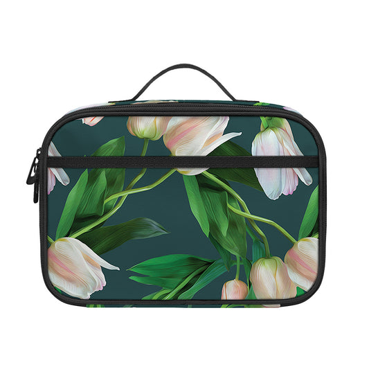 White Tulip Pattern Print Portable Lunch Bag