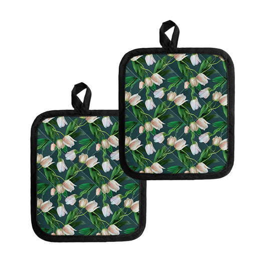 White Tulip Pattern Print Pot Holders