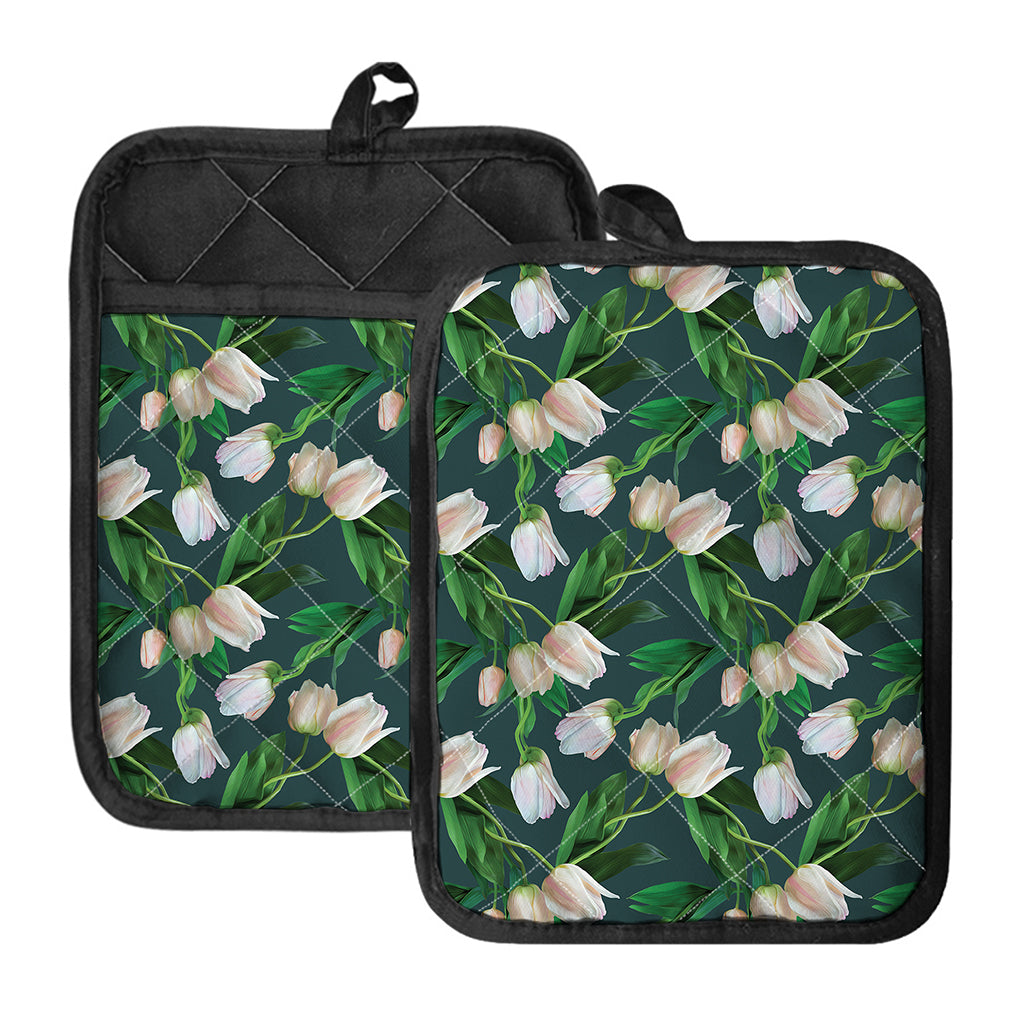 White Tulip Pattern Print Pot Holders With Pocket