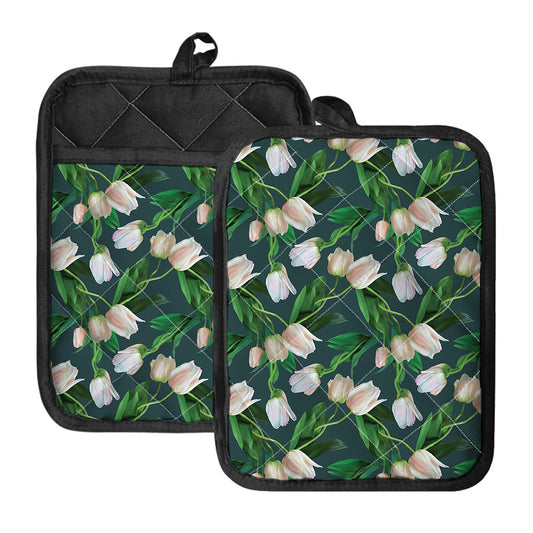 White Tulip Pattern Print Pot Holders With Pocket