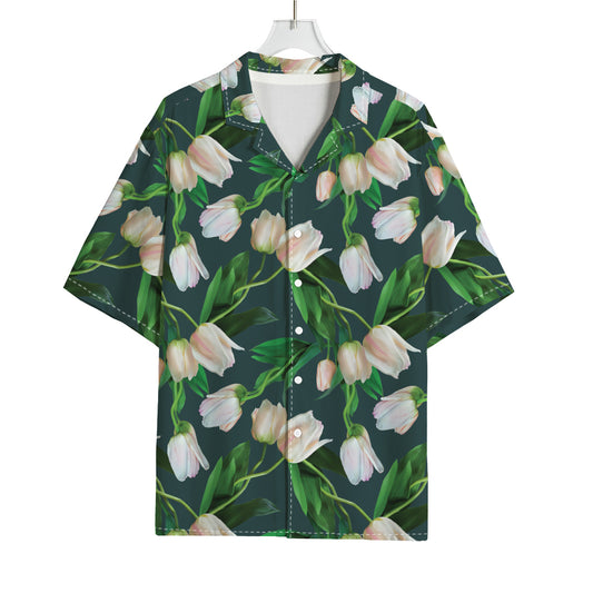 White Tulip Pattern Print Rayon Hawaiian Shirt