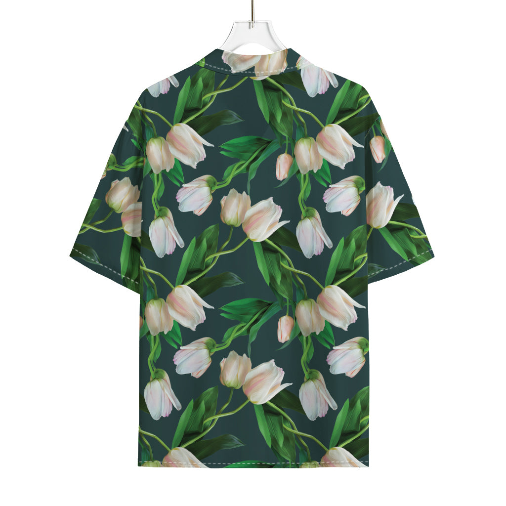White Tulip Pattern Print Rayon Hawaiian Shirt