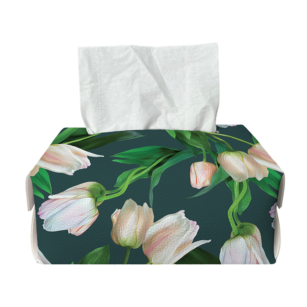 White Tulip Pattern Print Rectangle Tissue Box Cover