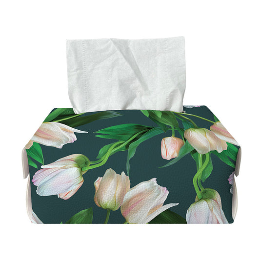 White Tulip Pattern Print Rectangle Tissue Box Cover