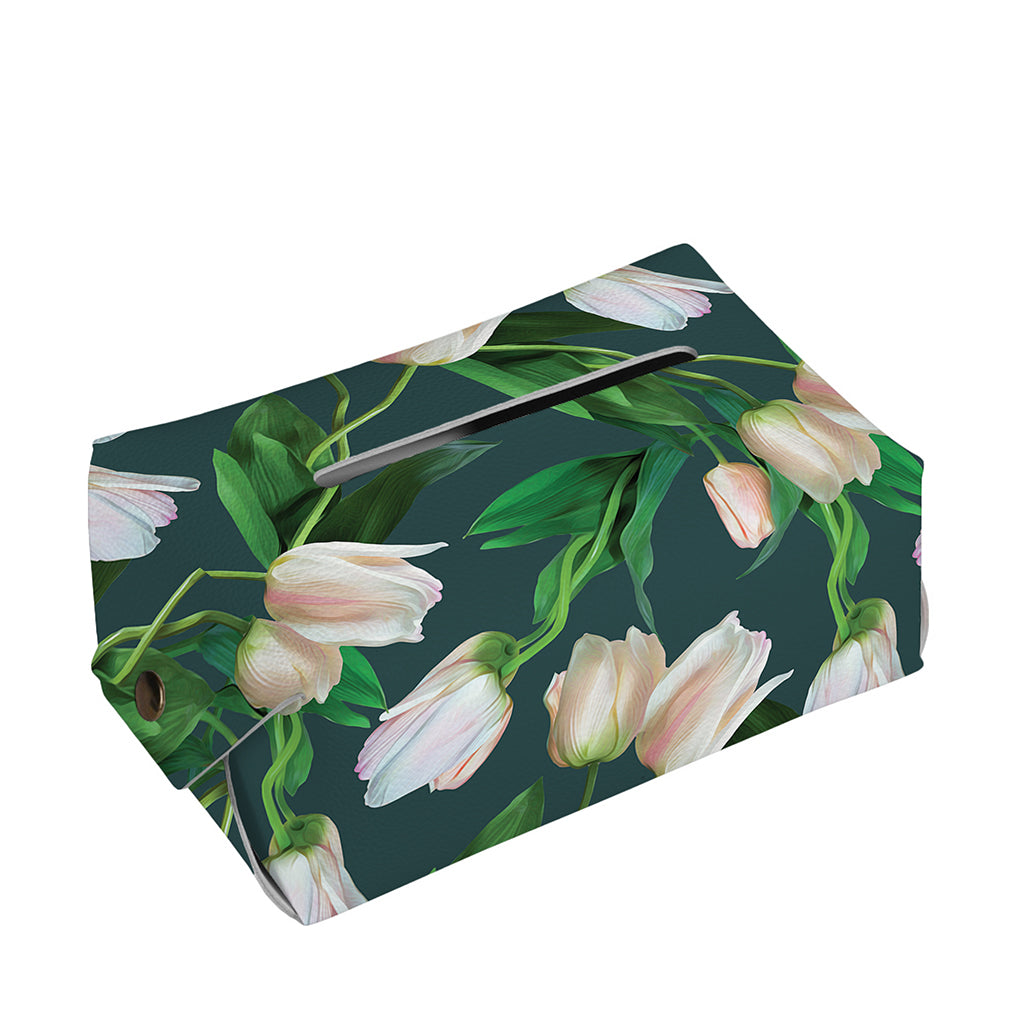White Tulip Pattern Print Rectangle Tissue Box Cover