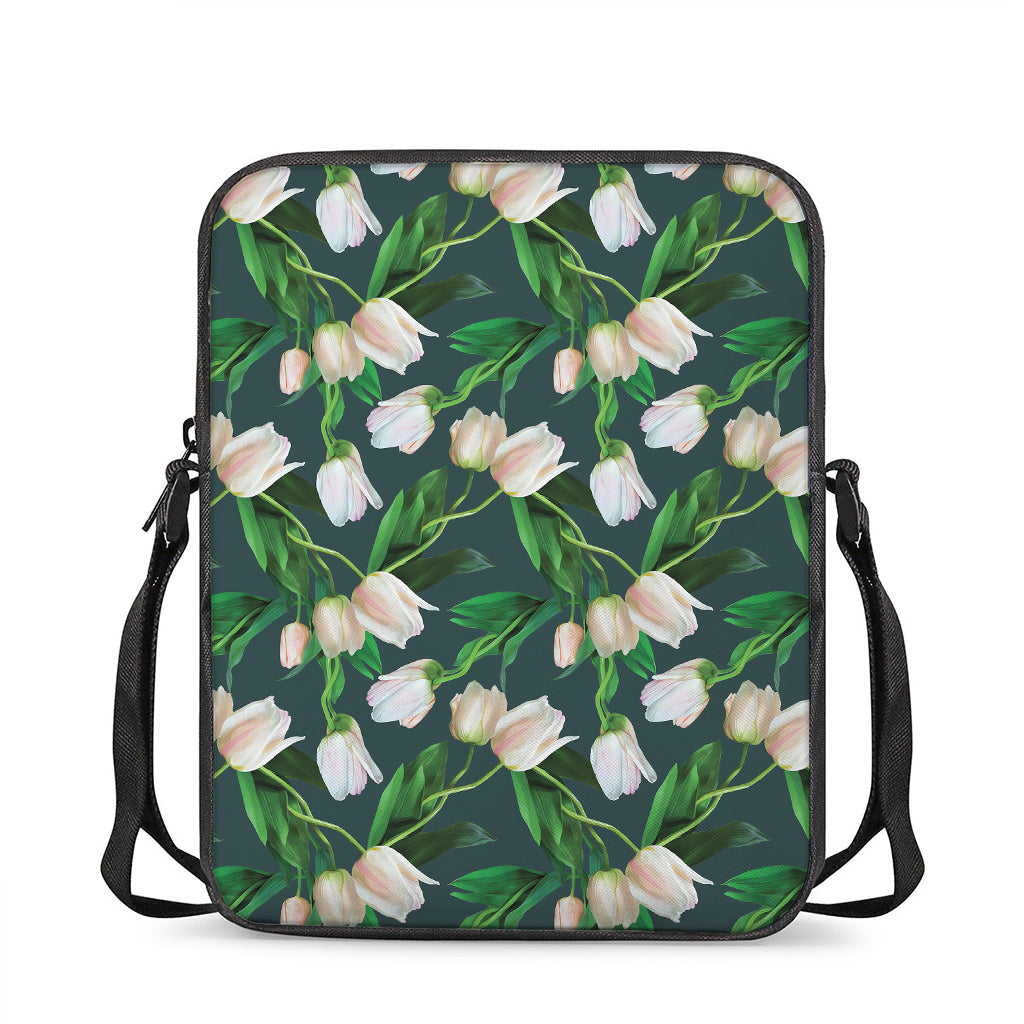 White Tulip Pattern Print Rectangular Crossbody Bag