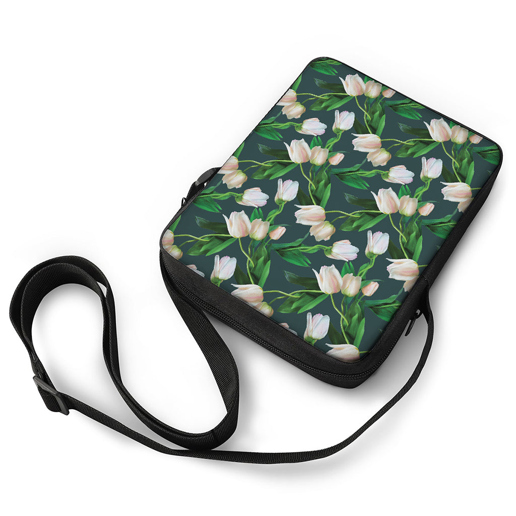 White Tulip Pattern Print Rectangular Crossbody Bag