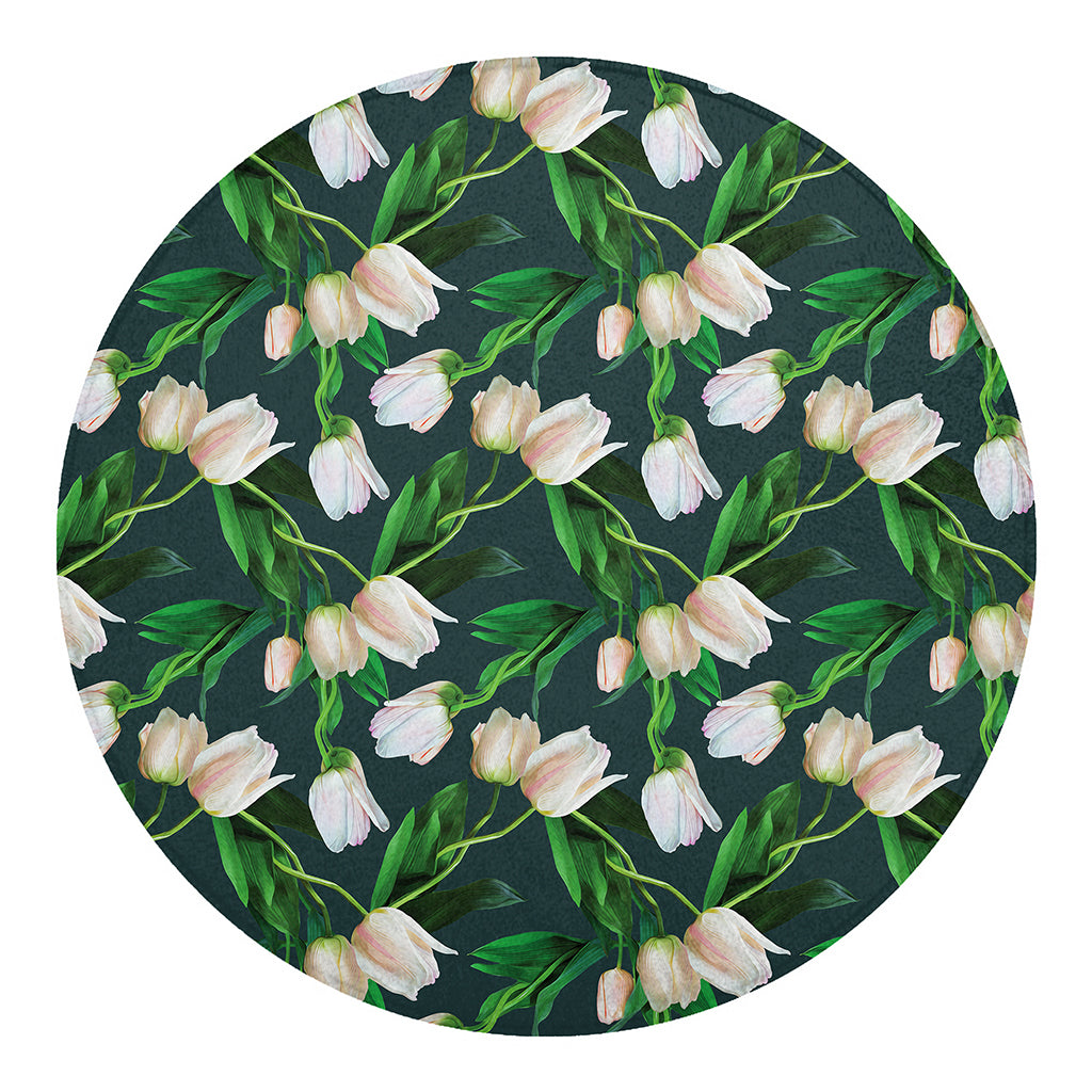 White Tulip Pattern Print Round Blanket