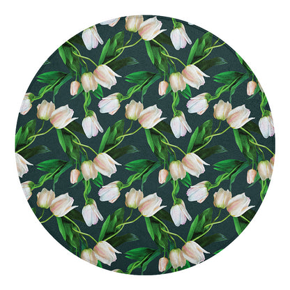 White Tulip Pattern Print Round Blanket
