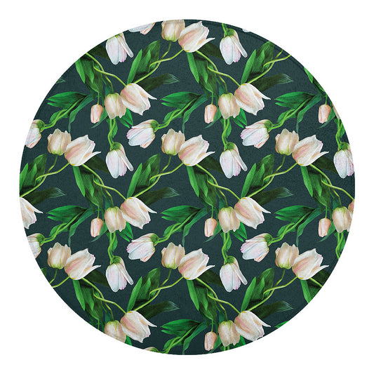White Tulip Pattern Print Round Blanket