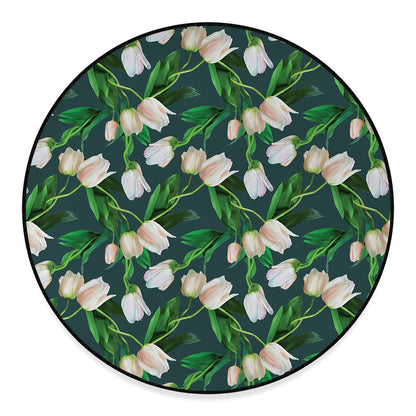 White Tulip Pattern Print Round Floor Mat