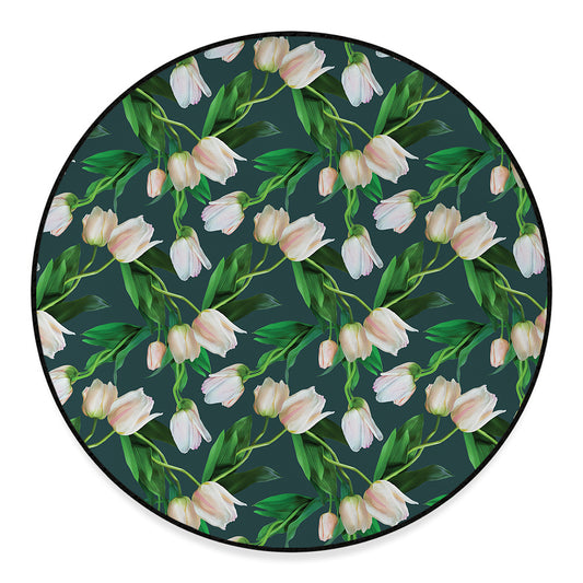 White Tulip Pattern Print Round Floor Mat