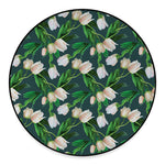 White Tulip Pattern Print Round Floor Mat