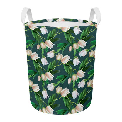White Tulip Pattern Print Round Laundry Basket