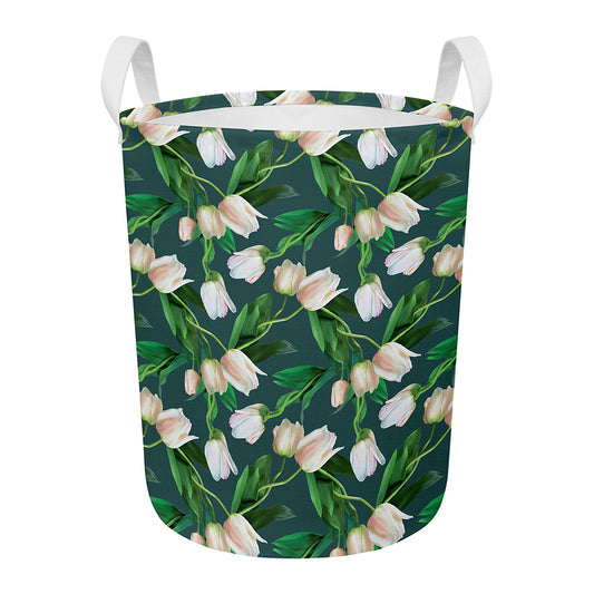 White Tulip Pattern Print Round Laundry Basket