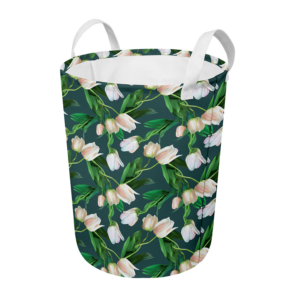 White Tulip Pattern Print Round Laundry Basket