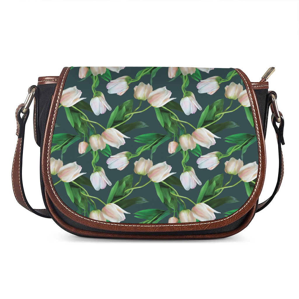 White Tulip Pattern Print Saddle Bag
