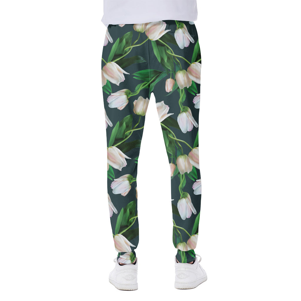 White Tulip Pattern Print Scuba Joggers