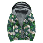 White Tulip Pattern Print Sherpa Lined Zip Up Hoodie