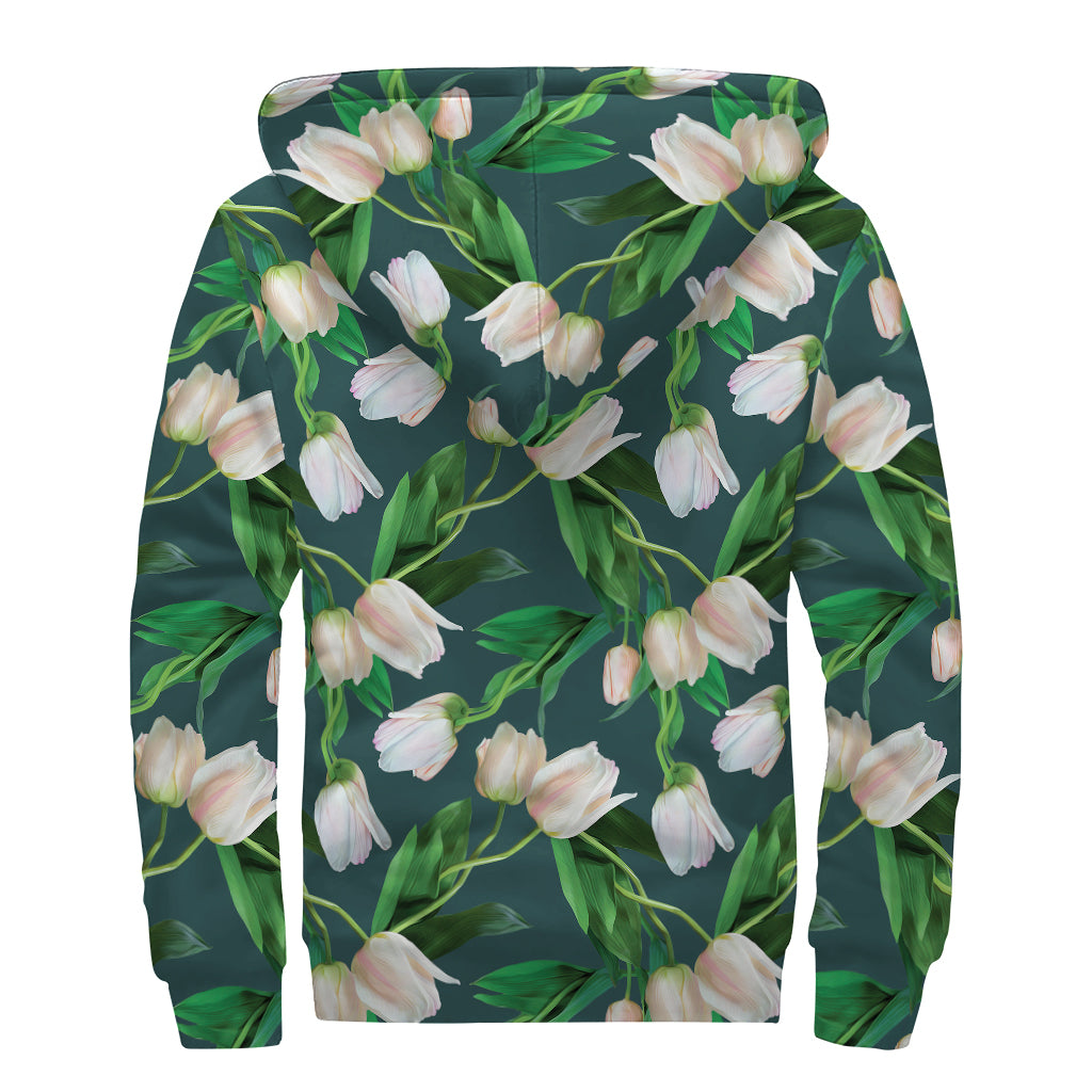 White Tulip Pattern Print Sherpa Lined Zip Up Hoodie