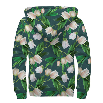 White Tulip Pattern Print Sherpa Lined Zip Up Hoodie