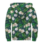 White Tulip Pattern Print Sherpa Lined Zip Up Hoodie