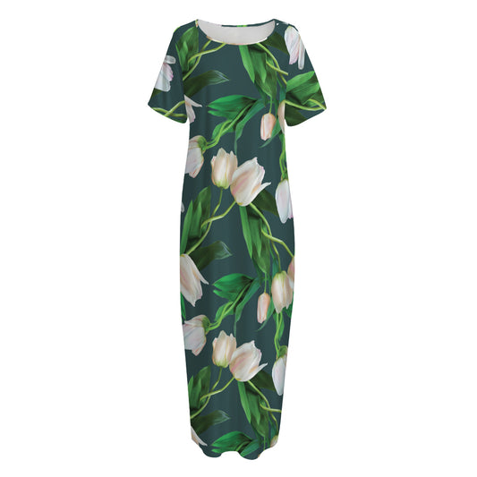 White Tulip Pattern Print Short Sleeve Long Nightdress