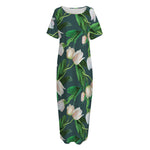 White Tulip Pattern Print Short Sleeve Long Nightdress