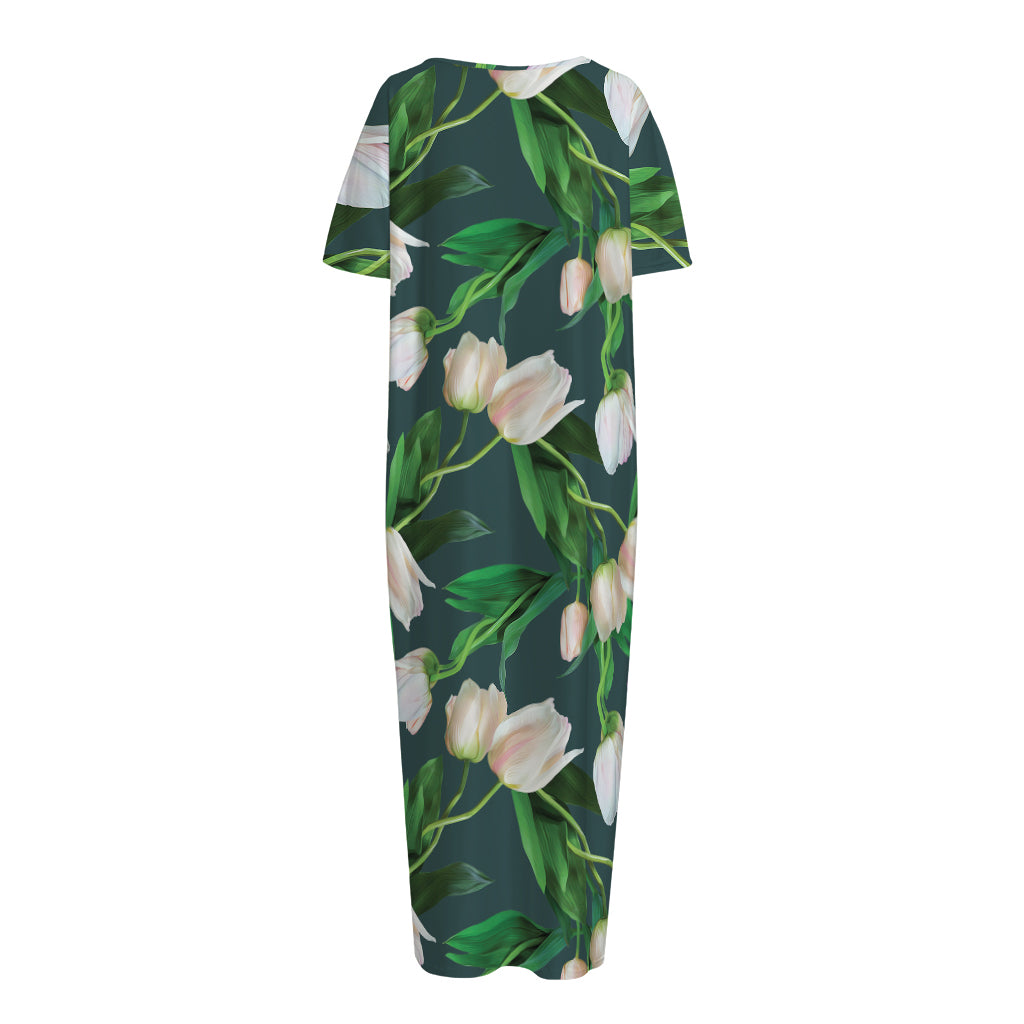 White Tulip Pattern Print Short Sleeve Long Nightdress